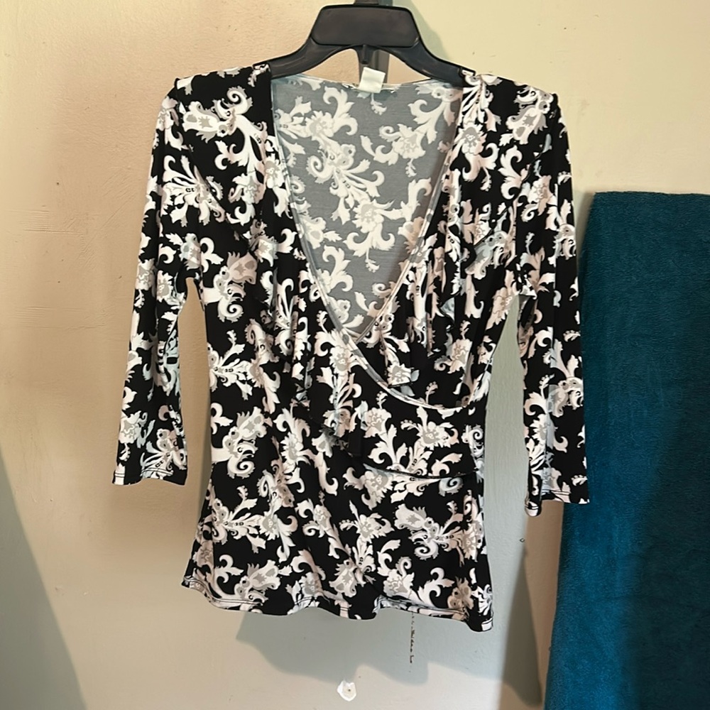 White House Black Market Black and White Wrap Blouse with Ruffles